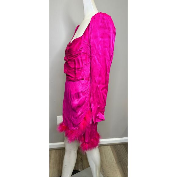 NWT Saylor Ruched Satin Ostrich Feather Trim Brielle Mini Dress Fuchsia Small $3 - Picture 5 of 10
